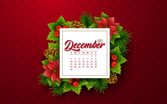 2023 년 12 월 캘린더, 4k, 크리스마스 요소, 2023 개념, 12월, 빨간 배경, 2023 년 12 월 달력, 12 월 달력 2023, 창조적 인 예술