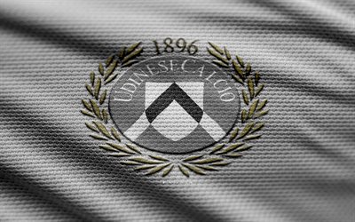 Udinese Calcio fabric logo, 4k, black fabric background, Serie A, bokeh, soccer, Udinese Calcio logo, football, Udinese Calcio emblem, Udinese Calcio, Italian football club, Udinese FC