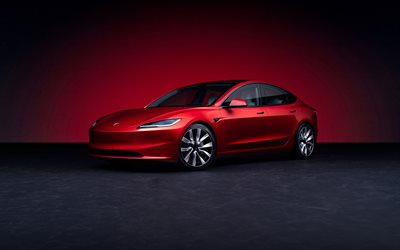 tesla model 3, 4k, الاستوديو, 2023 السيارات, سيارات كهربائية, طراز تسلا الأحمر 3, السيارات الأمريكية, تسلا