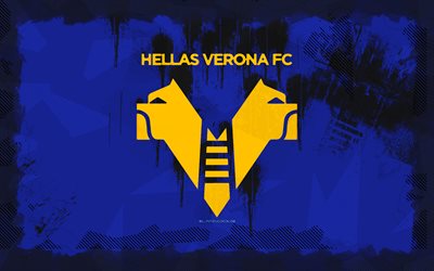 hellas verona fc logo, 4k, دوري الدرجة الأولى, خلفية الجرونج الأزرق, كرة القدم, hellas verona fc emblem, نادي كرة القدم الإيطالي, هيلاس فيرونا