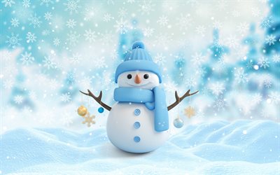 snowman 3d, hiver, neige, paysage d'hiver, gel, camarades de neige, contexte avec un bonhomme de neige