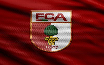 logo del tessuto fc augsburg, 4k, sfondo in tessuto rosso, bundesliga, bokeh, calcio, logo fc augsburg, emblema di augsburg dell'fc, fc augsburg, club di calcio tedesco, augsburg fc