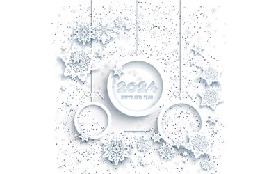 2024 feliz año nuevo, 4k, 2024 fondo de copos de nieve, 2024 conceptos, 2024 tarjeta de felicitación, copos de nieve blancos, 2024 fondo blanco
