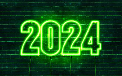 feliz año nuevo 2024, 4k, muro de ladrillo verde, 2024 conceptos, 2024 dígitos de neón verde, 2024 feliz año nuevo, arte de neón, creativo, 2024 fondo verde, 2024 año, 2024 dígitos verdes