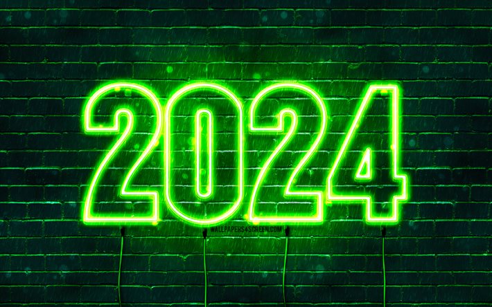 mutlu yıllar 2024, 4k, yeşil tuğla duvar, 2024 kavramlar, 2024 yeşil neon basamak, 2024 mutlu yıllar, neon sanatı, yaratıcı, 2024 yeşil arka plan, 2024 yıl, 2024 yeşil basamak