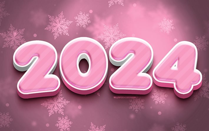 2024年明けましておめでとうございます, 4k, クリエイティブ, ピンクの3d桁, 2024概念, ピンクの雪片の背景, 2024 3d桁, 明けましておめでとう2024, 2024ピンクの背景, 2024年, 2024冬の概念