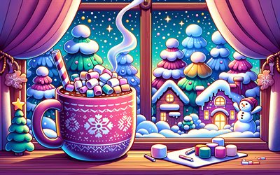 Merry Christmas, 4k, cartoon winter, new years eve, winter in window, christmas night, Happy New Year, Christmas, winter concepts, snowman, snowfall