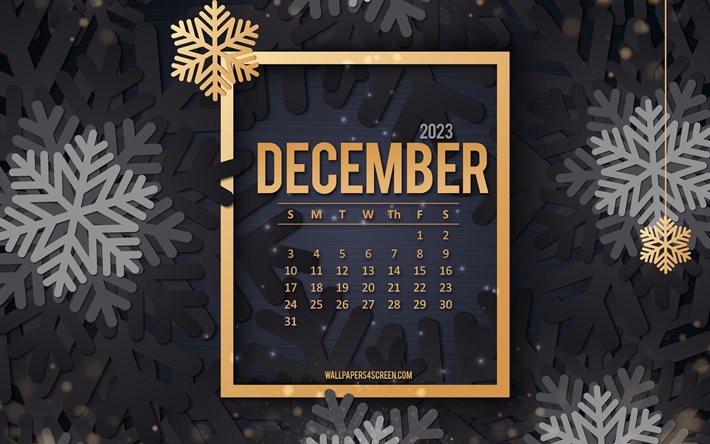 2023 joulukuun kalenteri, 4k, musta tausta lumihiutaleilla, talvi tumma malli, joulukuun 2023 kalenteri, joulukuu, 2023 käsitteet, 2023 kalenterit, tummat 3d  lumihiutaleet tausta