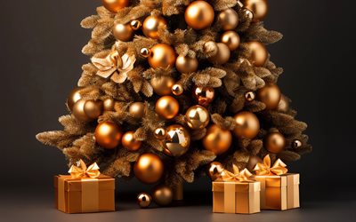 Golden Christmas tree, golden Christmas balls, golden gift boxes, Merry Christmas, Happy New Year, Christmas background