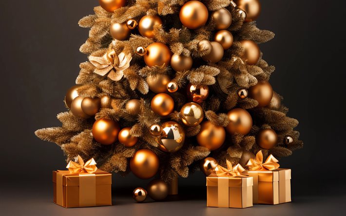 Golden Christmas tree, golden Christmas balls, golden gift boxes, Merry Christmas, Happy New Year, Christmas background