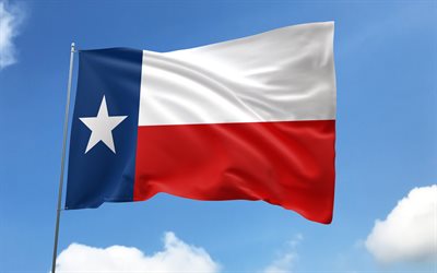 flag del texas su bandiera, 4k, stati americani, cielo blu, bandiera del texas, bandiere di raso ondulato, flag del texas, stati uniti, plola con bandiere, giorno del texas, stati uniti d'america, texas