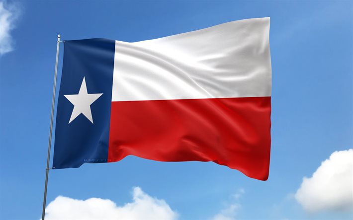 texasin lippu lipputankoon, 4k, amerikan osavaltiot, sinitaivas, texasin lippu, aaltoilevat satiiniliput, yhdysvaltain osavaltiot, lipputapa liput, yhdysvallat, texasin päivä, texas