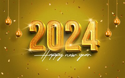 4k, 2023 feliz año nuevo, dígitos 3d dorados, 2023 conceptos, bolas de navidad doradas, 2023 dígitos dorados, decoraciones de navidad, feliz año nuevo 2023, creativo, 2023 fondo amarillo, 2023 año, feliz navidad