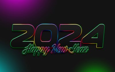 4k, 2024 frohes neues jahr, regenbogen  neonstellen, 2024 konzepte, 2024 schwarze ziffern, frohes neues jahr 2024, kreativ, 2024 jahr, 2024 neonstellen