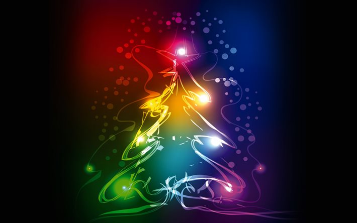 شجرة عيد الميلاد, 4k, أضواء النيون, مجردة, السنة الجديدة