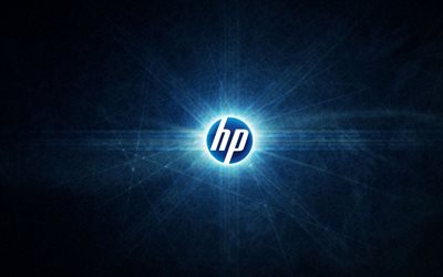 HP, logo, mavi arka plan, 4k, Hewlett Packard