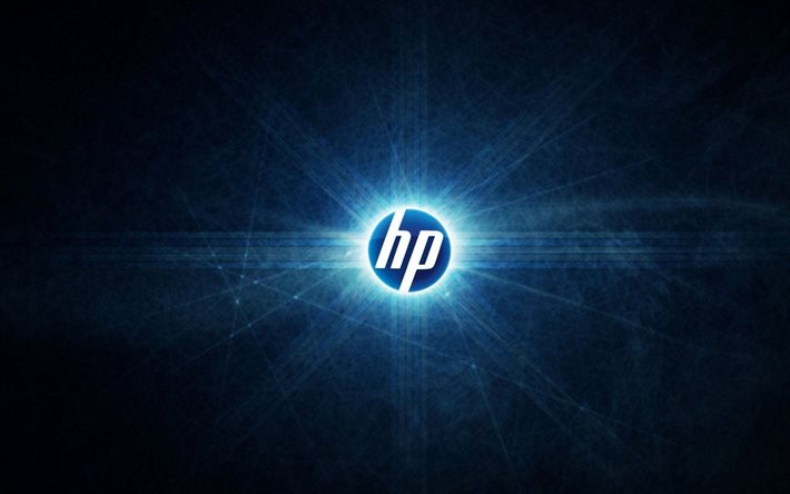 HP, logo, blue background, 4k, Hewlett Packard