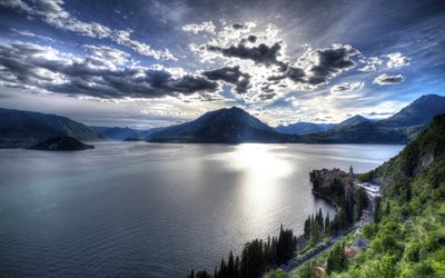 Como lake, evening, mountains, Lombardy, HDR, Italy