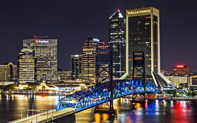 Jacksonville, şehir ışıkları, modern binalar, köprü, Florida, USA, Amerika