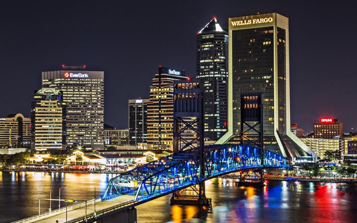 Jacksonville, city lights, modern buildings, bridge, Florida, USA, America