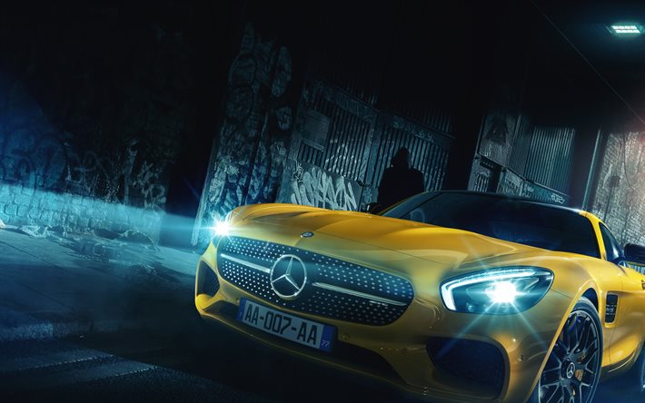 4k, Mercedes-AMG GT R Coupe, night, 2018 cars, headlights, supercars, AMG, german cars, Mercedes