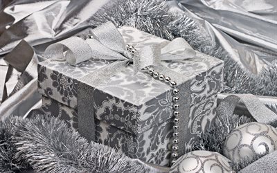 silver gift box, Happy New Year, Merry Christmas, silver beads, silver decorations, gift boxes