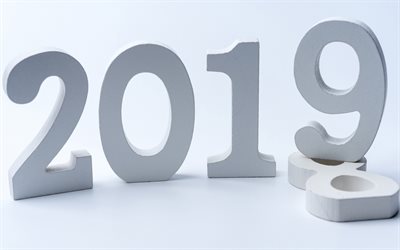 neues jahr 2019, weiß-holz-buchstaben, holz-zahlen, 2019 3d-konzepte, jahres -, weiß-2019 hintergrund