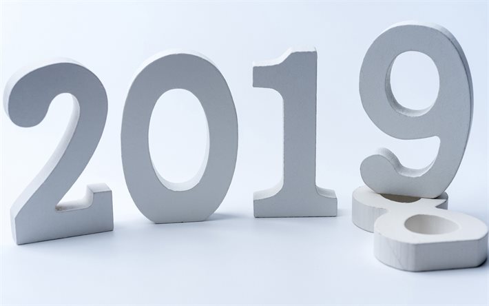 Nouveau 2019 Année, en bois blanc, des lettres, des numéros de bois, 2019 concepts 3d, l'année, le blanc 2019 arrière-plan