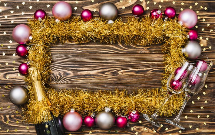 क्रिसमस फ्रेम, नया साल, गुलाबी क्रिसमस गेंदों, लकड़ी पृष्ठभूमि, रचनात्मक पृष्ठभूमि
