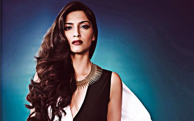 Sonam Kapoor, indian actress, portrait, face, bollywood star, india, black and white dress
