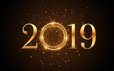 New 2019, golden fireworks, golden letters, 2019 golden background, 2019 concepts