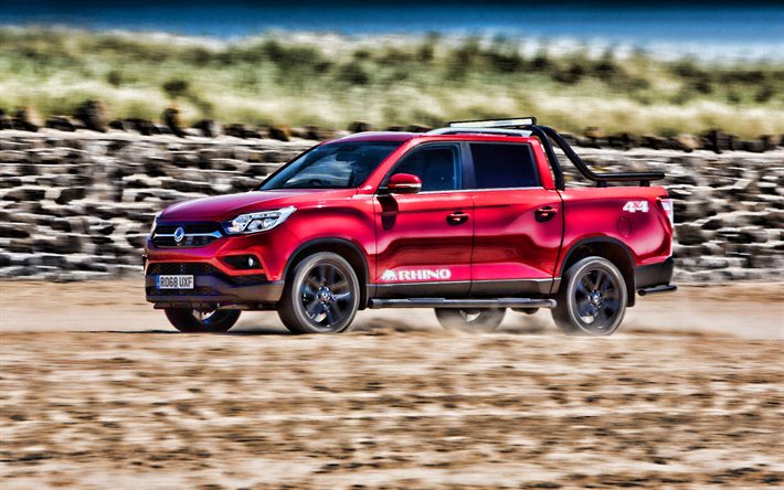 SsangYong Musso Rhino, UK-spec, 2018 cars, HDR, motion blur, red pickup, korean cars, SsangYong