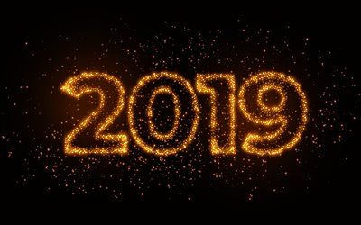 2019 년 반짝이는 숫자, 행복한 새해 2019, 까만 배경, 반짝이는 숫자, 2019 년 반짝이 예술, 2019 개념, 2019 년에 까만 배경, 2019 년 숫자