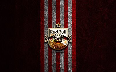 red bull salzburg altın logosu, 4k, kırmızı taş arka plan, avusturya bundesliga, avusturya futbol kulübü, red bull salzburg logosu, futbol, red bull salzburg amblemi, rb salzburg, fc red bull salzburg
