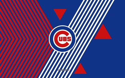 logo des cubs de chicago, 4k, équipe américaine de base ball, fond bleu lignes rouges, cubs de chicago, mlb, etats unis, dessin au trait, chicago cubsemblème, base ball