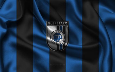4k, queretaro fc logotyp, blått svart sidentyg, mexikanskt fotbollslag, queretaro fc emblem, liga mx, queretaro fc, mexiko, fotboll, queretaro fc flagga