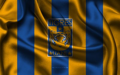 4k, UANL Tigres logo, blue yellow silk fabric, Mexican football team, UANL Tigres emblem, Liga MX, UANL Tigres, Mexico, football, UANL Tigres flag