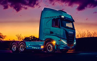 Iveco S-WAY 480 6x2, 4k, night, 2022 trucks, LKW, cargo transport, Blue Iveco S-Way, 2022 Iveco S-Way, blue truck, italian trucks, Iveco