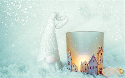 Christmas elf, 4k, Christmas decoration, winter, snow, burning candle, Merry Christmas, Happy New Year, cute elf