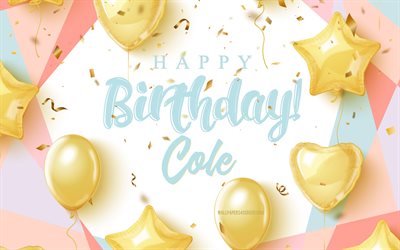 हैप्पी बर्थडे कोल, 4k, सोने के गुब्बारों के साथ जन्मदिन की पृष्ठभूमि, गोभी, 3 डी जन्मदिन पृष्ठभूमि, कोल जन्मदिन, सोने के गुब्बारे, कोल जन्मदिन मुबारक हो