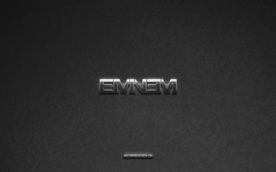 Eminem logo, music brands, gray stone background, Eminem emblem, popular logos, Eminem, metal signs, Eminem metal logo, stone texture