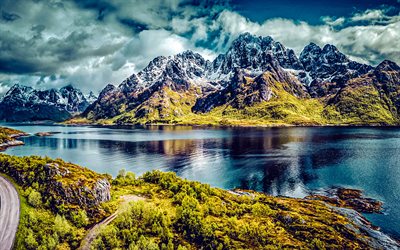 isola austragoy, montagne, natura meravigliosa, arcipelago, isole lofoten, punti di riferimento norvegesi, austnesfjorden, nordland, norvegia, europa, lofoten, hdr