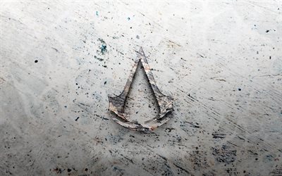 Assassins Creed stone logo, 4K, stone background, Assassins Creed 3D logo, games brands, creative, Assassins Creed logo, grunge art, Assassins Creed
