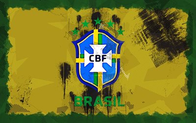 brasiliens fotbollslandslags grunge logotyp, 4k, gul grunge bakgrund, conmebol, landslag, brasiliens fotbollslandslags logotyp, fotboll, brasilianskt fotbollslag, brasiliens fotbollslandslag