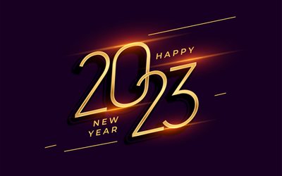 Happy New Year 2023, purple background, gold letters, 2023 congratulations, 2023 Happy New Year, 2023 greeting card