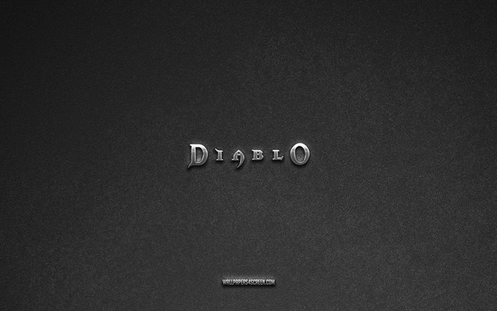 Diablo logo, brands, gray stone background, Diablo emblem, popular logos, Diablo, metal signs, Diablo metal logo, stone texture