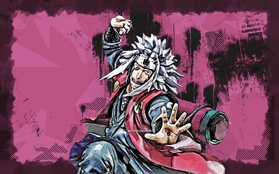 4k, Jiraiya, grunge art, Naruto, protagonists, artwork, violet grunge background, Naruto characters, manga, Jiraiya Naruto
