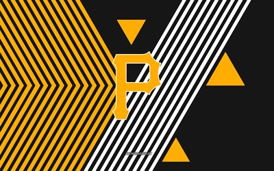 logo des pirates de pittsburgh, 4k, équipe américaine de base ball, fond de lignes jaunes noires, pirates de pittsburgh, mlb, etats unis, dessin au trait, emblème des pirates de pittsburgh, base ball