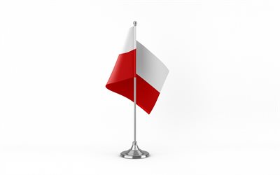 4k, bandiera da tavolo della polonia, sfondo bianco, bandiera della polonia, bandiera della polonia sul bastone di metallo, simboli nazionali, polonia, europa