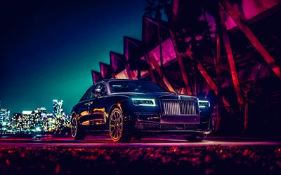 Rolls-Royce Ghost Black Badge, 4k, headlights, 2022 cars, luxury cars, tuning, Black Rolls-Royce Ghost, 2022 Rolls-Royce Ghost, british cars, Rolls-Royce